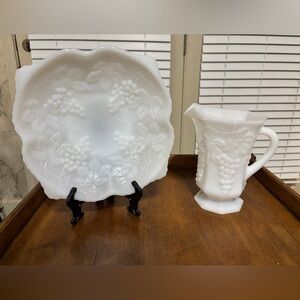 Anchor Hocking White Milk Glass Harvest Grape Serving Bowl & Pitcher